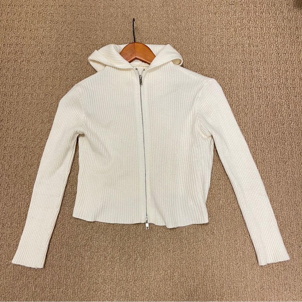 Ribbed Knit Cropped Hoodie Zip-Up Cream